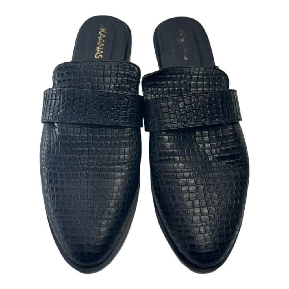 Kaanas Black Croc-Embossed Women's Mules